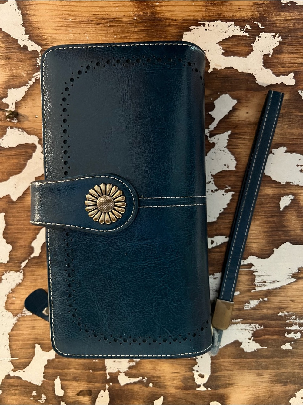 Classic Navy Faux Leather Wristlet Wallet with Floral Snap